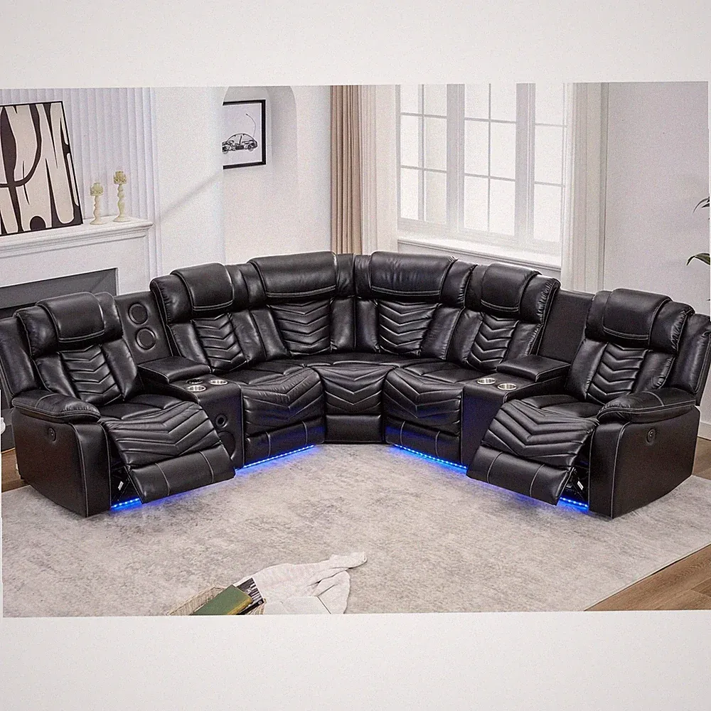 Reclining Sectional Gray Sofa LED Lights Speakers L-Shaped Sectional Couch