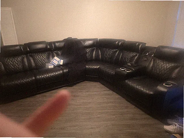 Reclining Sectional Sofa, Black Faux Leather, Cup Holders, 6 Seat Modern