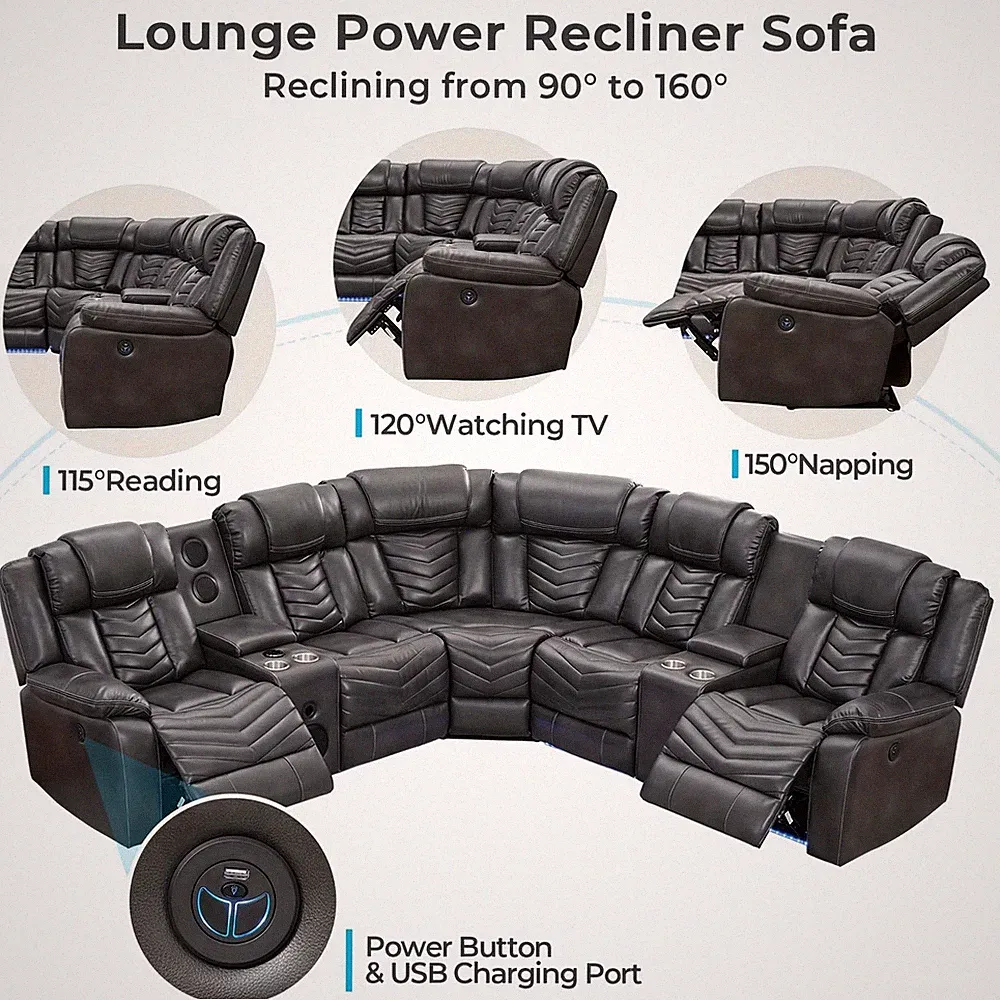 Reclining Sectional Sofa Gray With LED Lights Speakers L-Shaped Sectional Couch