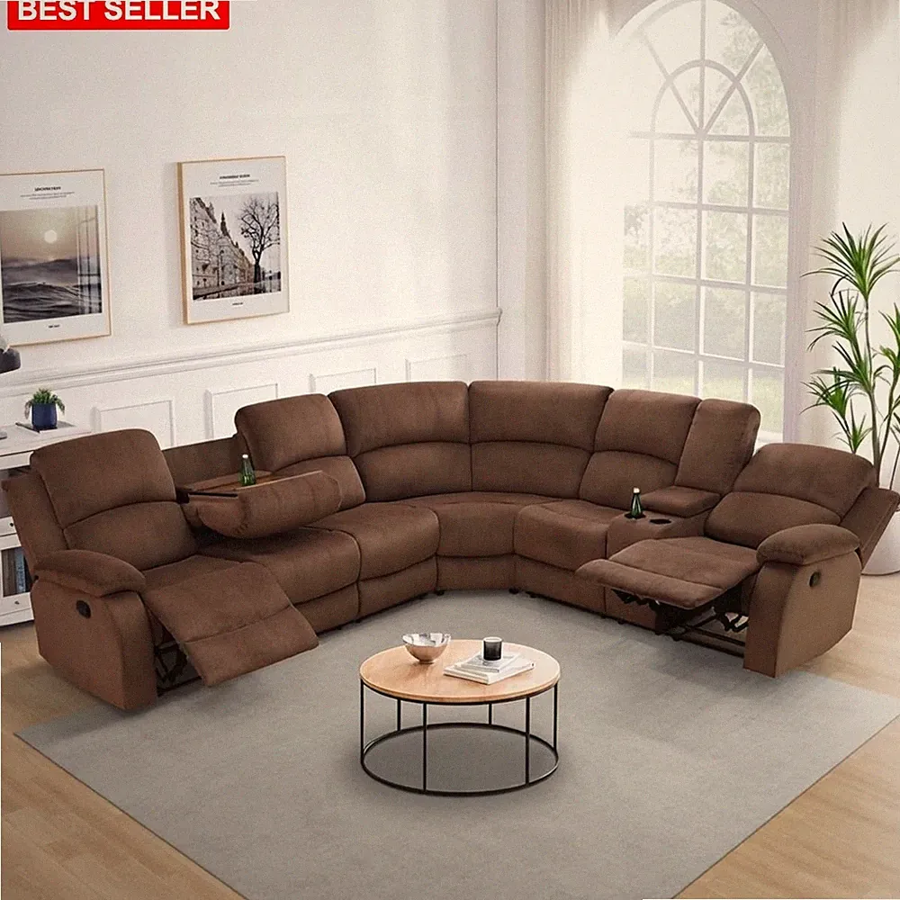 Reclining Sectional Sofa Set 6 Seat Brown Microfiber Wood Frame Modern Comfort