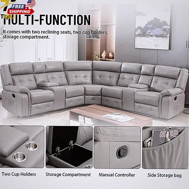 Reclining Sectional Sofa Set with 2 Consoles PU Leather L Shaped Corner Couch