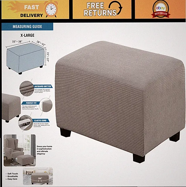 Rectangle Ottoman Slipcover 33"-38" - Stretch Soft Jacquard Fabric, Washable Pro
