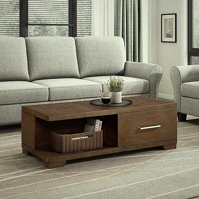 Rectangle Wood Coffee Table with Drawer, Open Shelf and Hidden Storage, Caster W