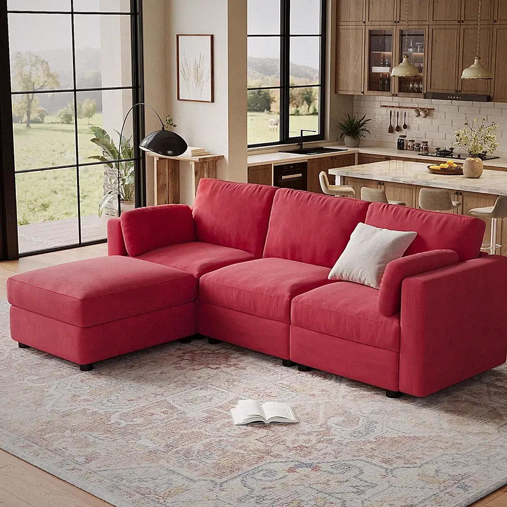 Red 104" Modular Sectional Sofa with Ottoman - L-Shape 4 Seater Couch