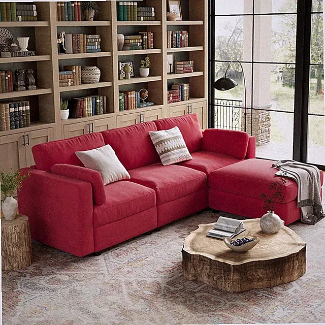 Red 104" Modular Sectional Sofa with Ottoman - L Shaped 4 Seater Couch