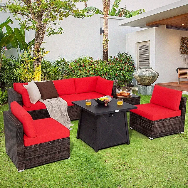 Red 7-Piece Outdoor Wicker Sofa Set with Fire Pit Table & Cushions