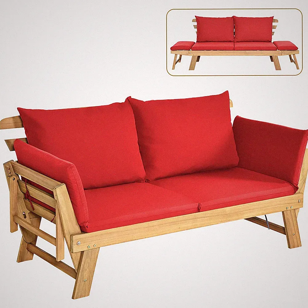 Red Acacia Wood Convertible Outdoor Sofa Bed With Cushions And Pillows