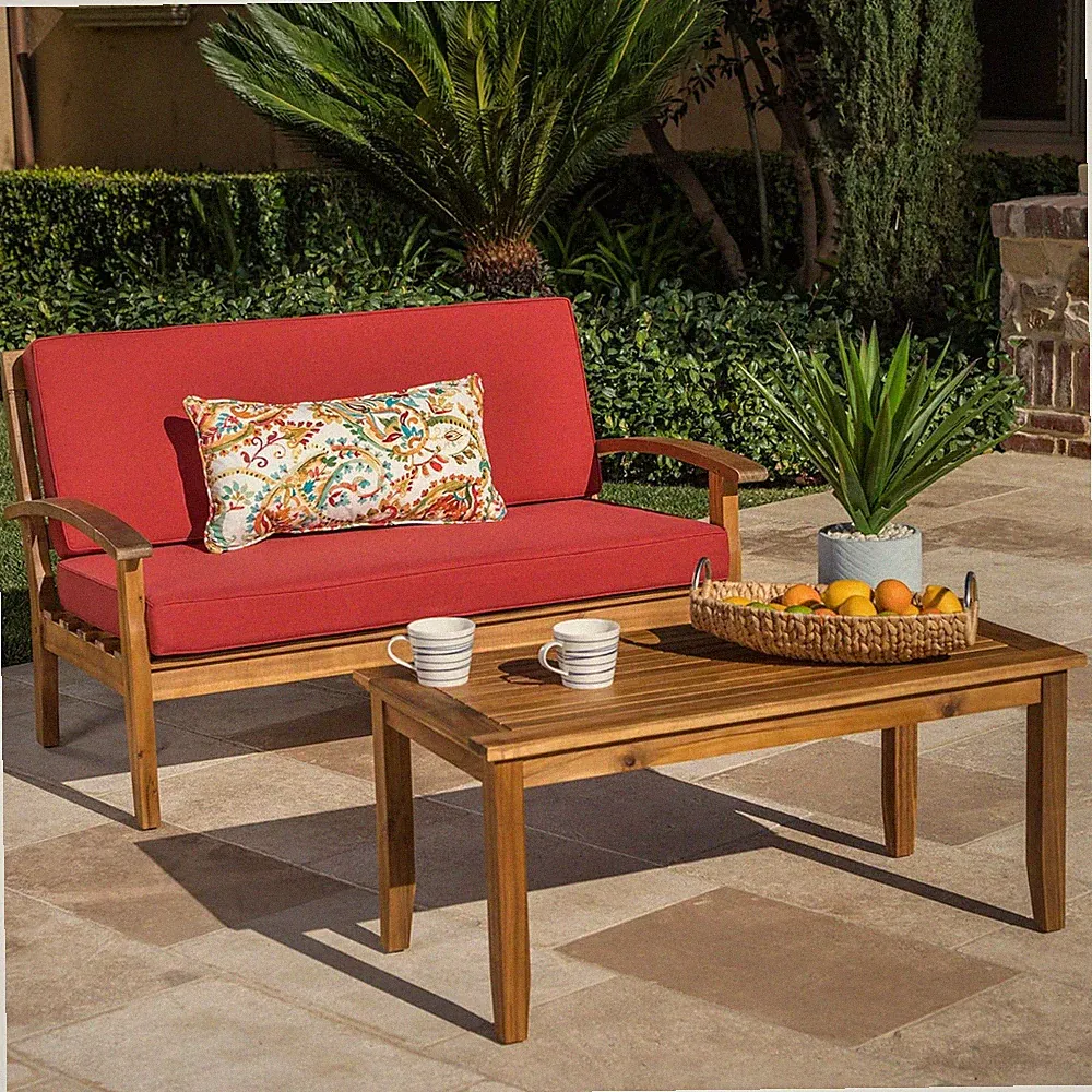Red Acacia Wood Loveseat & Coffee Table Set with Water-Resistant Cushions