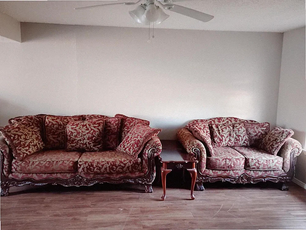 Red/Beige Floral Fabric Sofa Set, Rolled Arms, Brown Wood Trim, Two Small Tables