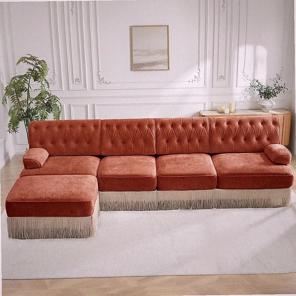 Red Brown Velvet L-Shaped Chesterfield Sectional Sofa 4 Seater w/ Tuffeted Skirt