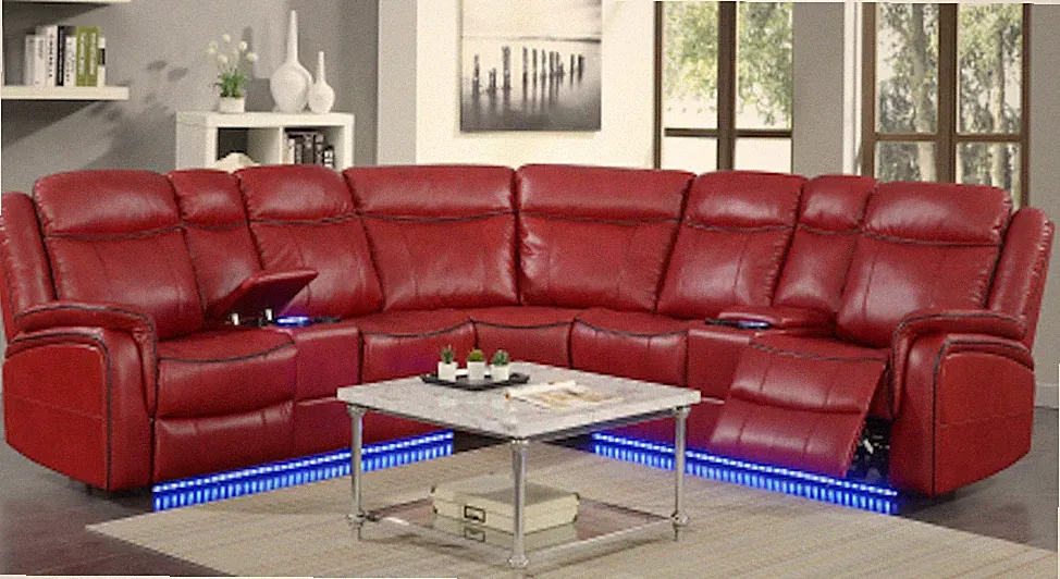 Red Faux Leather Power Reclining Sectional with LED Lighting
