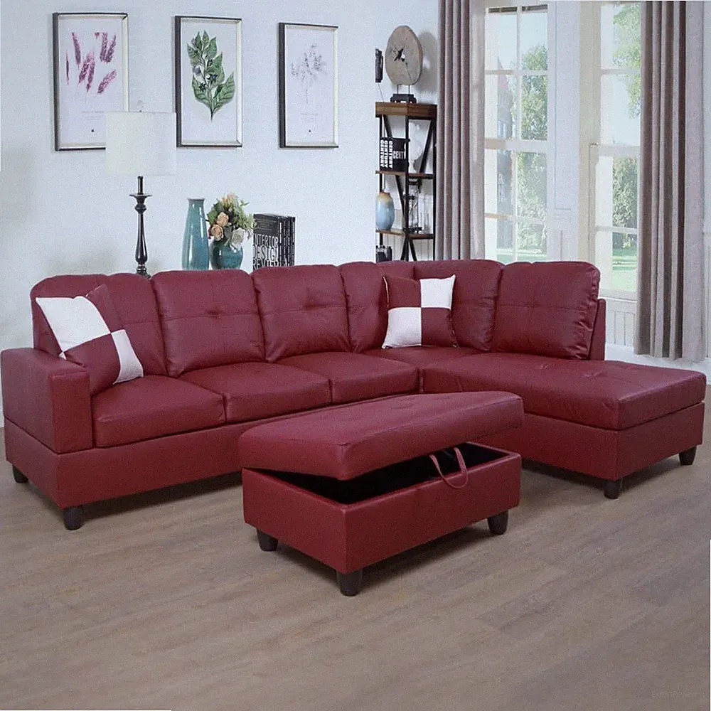 Red L-Shaped Faux Leather Sofa Set with Storage Ottoman for Small Spaces