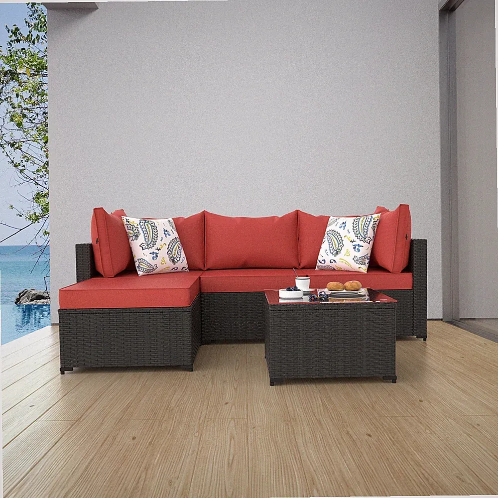 Red Patio Furniture Set Outdoor Sectional Sofa with Ottoman Rattan Wicker Couch