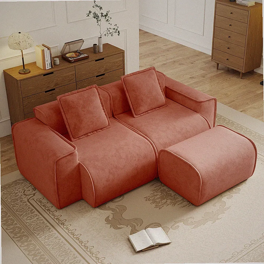 Red Velvet 2-Seat Modular Sectional Sofa with Ottoman and Pillows