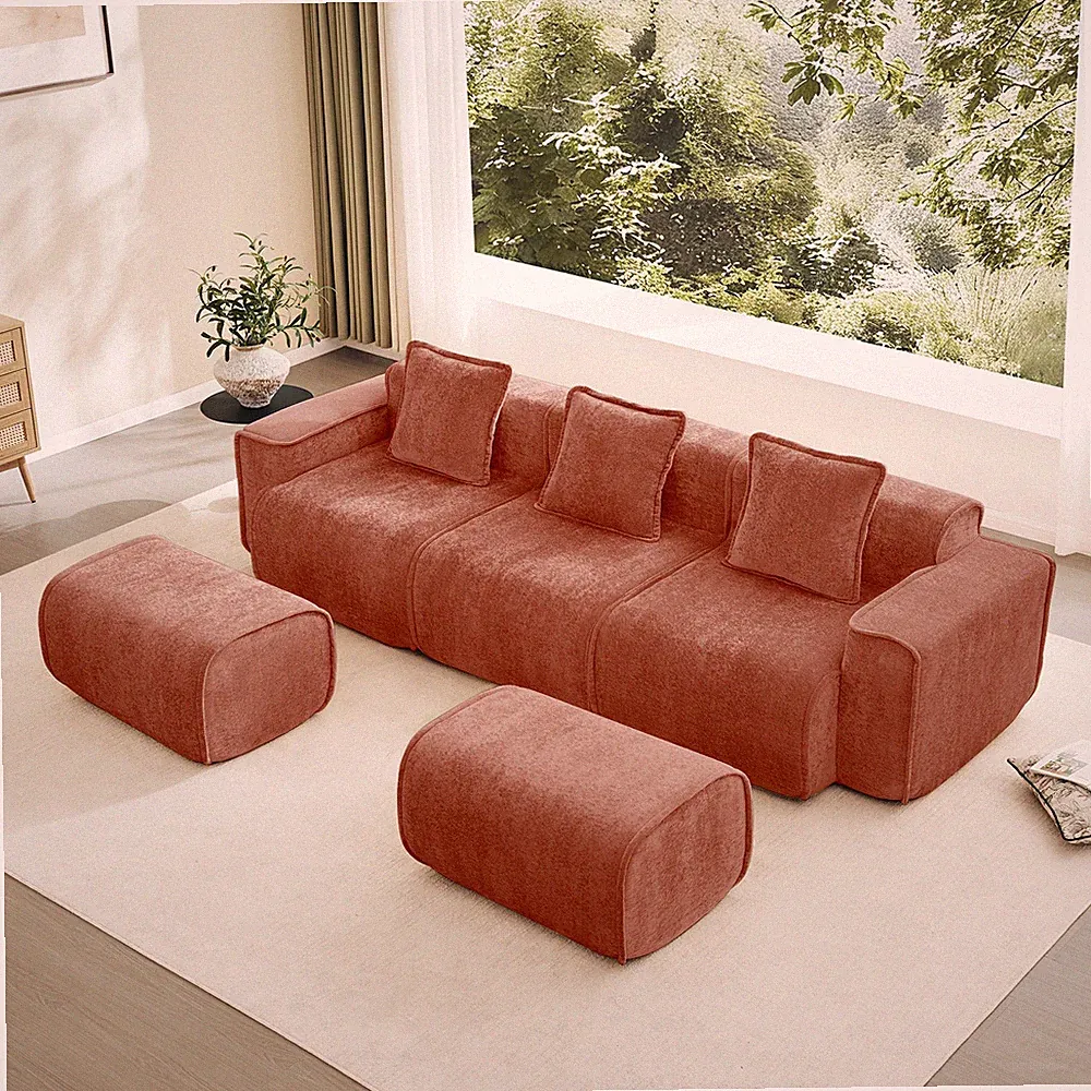 Red Velvet 3-Seat U Shape Sectional Sofa w/ 2 Ottomans, No Assembly, French Edge