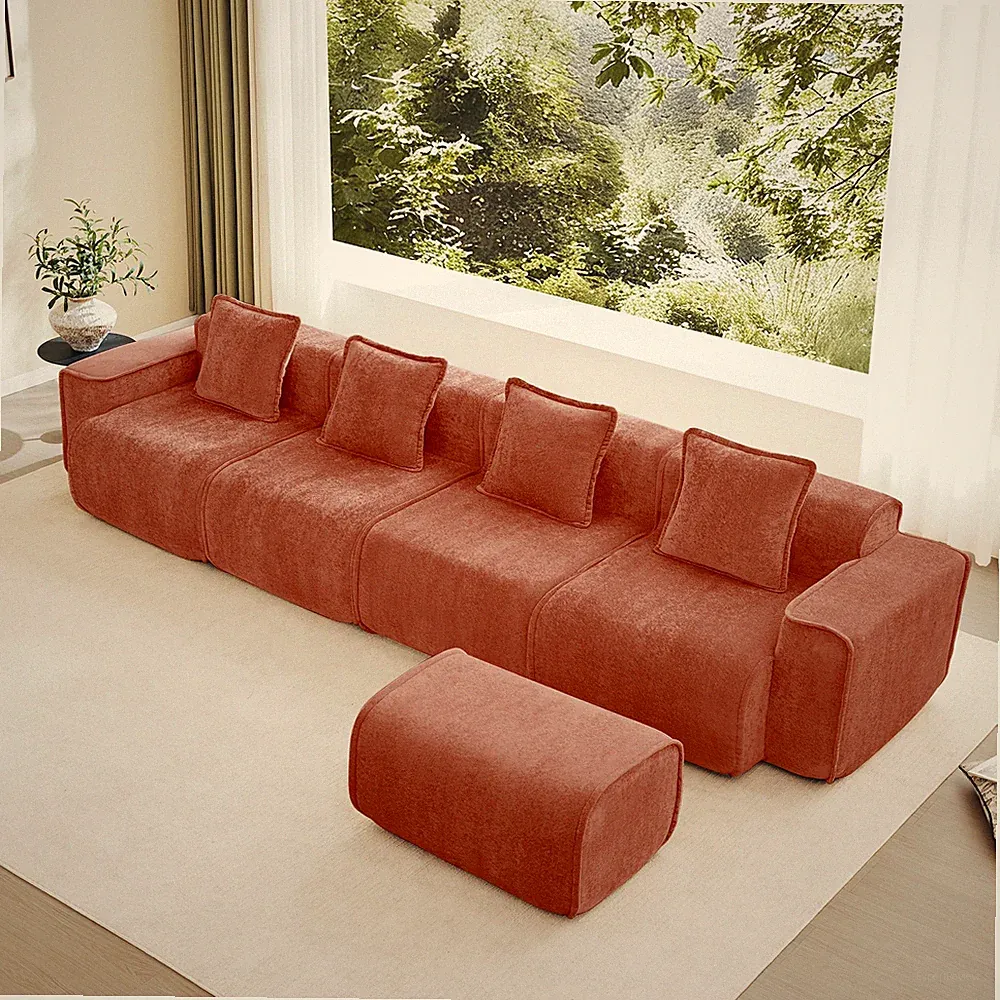 Red Velvet L-Shape Sectional Sofa, 4-Seater with Ottoman, No Assembly