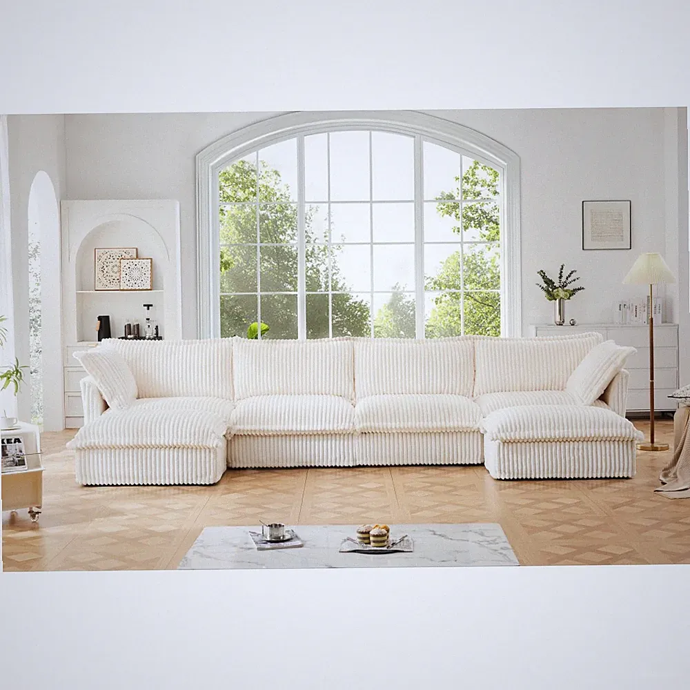 Removable Slipcover U Shape Sectional Sofa with Cloud Cushions, 4 Seater, Cream