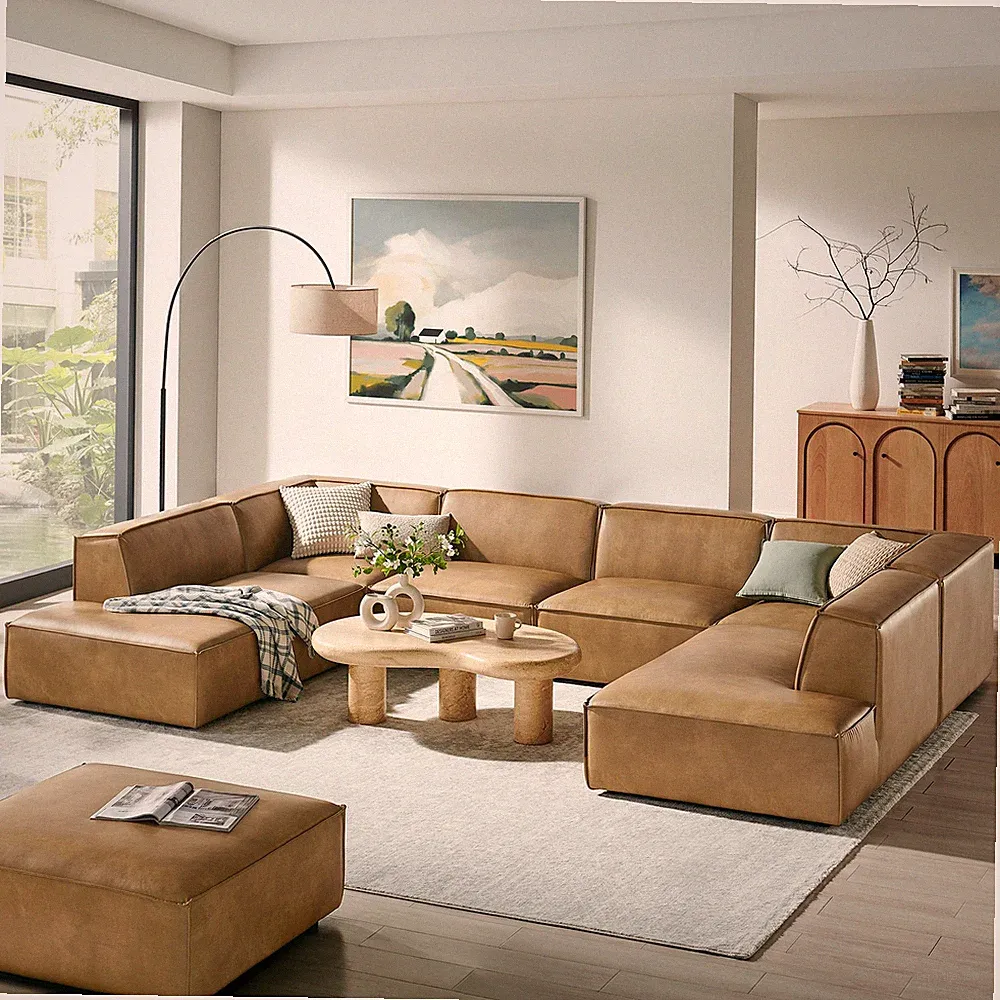 Restore 6-Piece Vegan Leather U-Shaped Armless Sectional Sofa in Toast