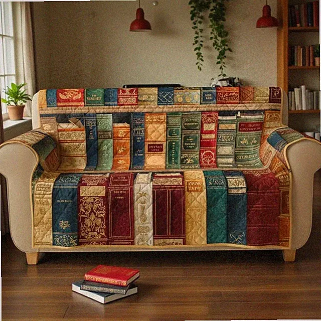 Retro Bookshelf Quilted Sofa Cover – Book Lover Couch Protector, Washable Decor