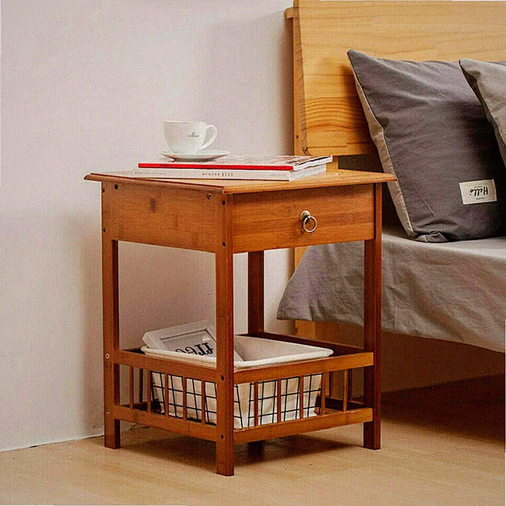 Retro Nightstand w/ Drawer 2-3 Tier Natural Bamboo Sofa Bed Side Table End Table