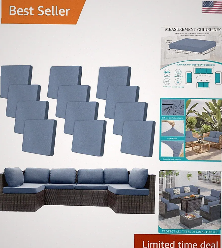 Reusable Outdoor Couch Covers - Elastic Gray Blue Cushion Protectors, 12 Pack