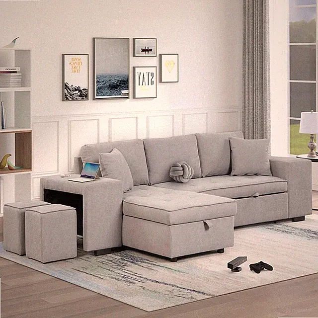 Reversible 104.5" Sleeper Sectional Sofa with Storage Chaise & 2 Stools