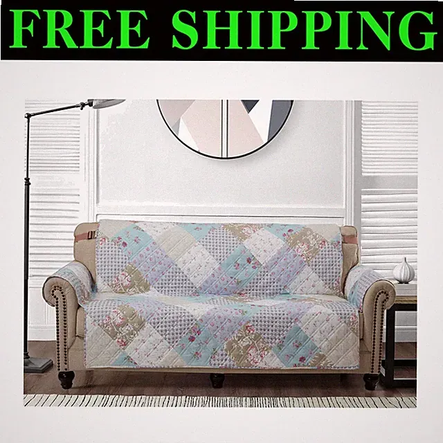 Reversible Blue Green Floral Patchwork Sofa Cover with Adjustable Elastic Strap