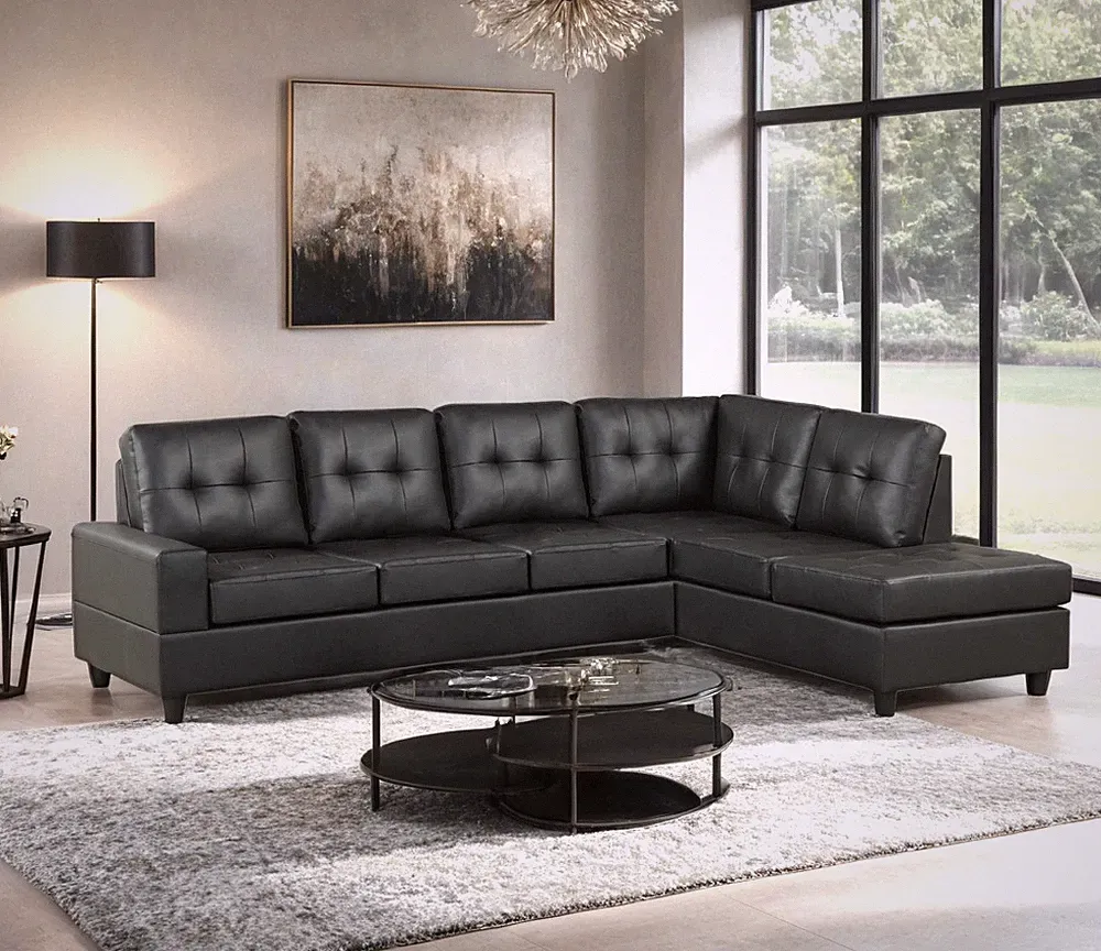 Reversible Chaise Sectional Sofa, 5-Seat, Black PU Leather, Low-Profile Legs