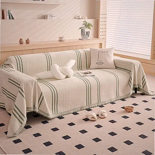 Reversible Chenille Couch Cover for 3-Cushion Sofa - Beige & Green