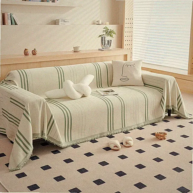 Reversible Chenille Couch Cover for 3 Seat Sofa - Beige Green Protector 71"x134