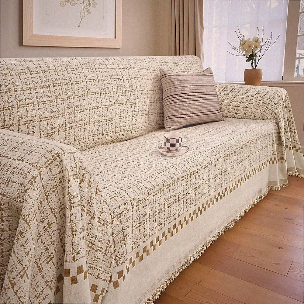 Reversible Khaki Sectional Sofa Covers Soft Chenille Mottled Texture