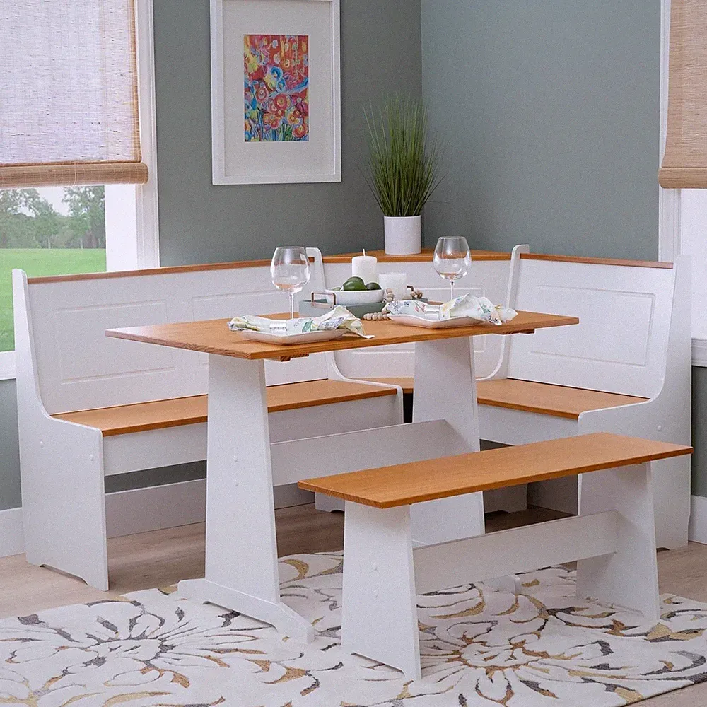 Reversible Kitchen Nook Set Dining Table Bench Corner Unit White & Natural