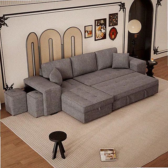 Reversible L-Shape 3-Seat Sofa Bed w/ Storage Chaise & 2 Stools, Charcoal