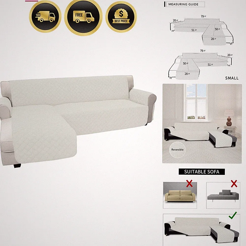 Reversible L Shape Couch Cover Small Ivory Water Resistant Slipcover Sofa Pro...