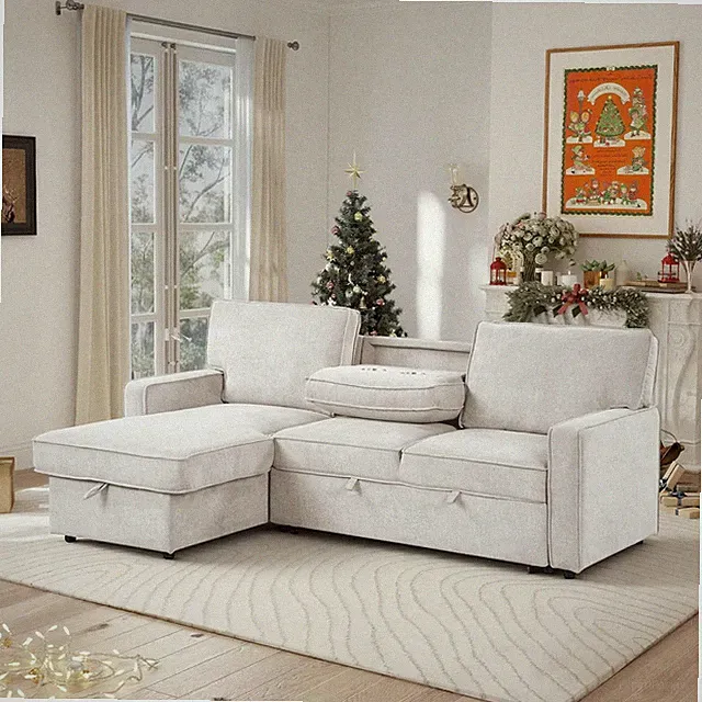 Reversible L-Shaped Chenille Sofa Bed with Cup Holders & USB Ports