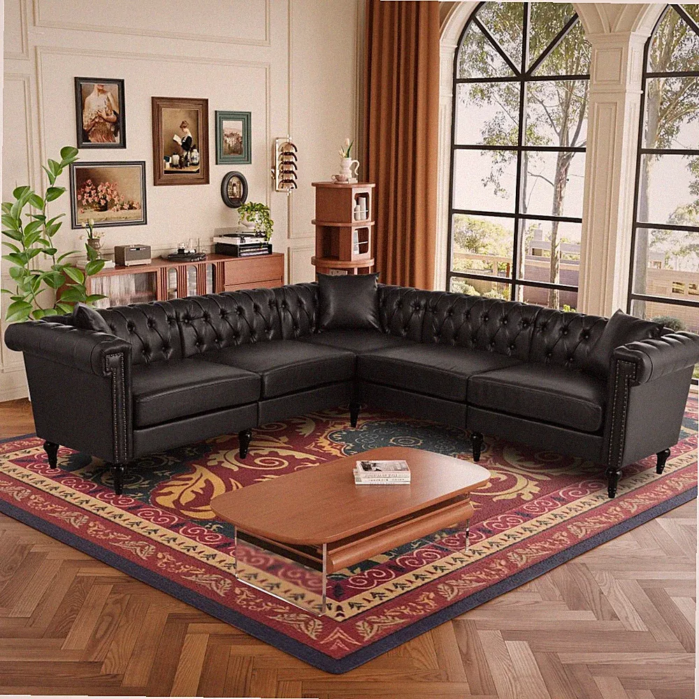 Reversible L-Shaped Chesterfield Sectional Sofa with Nailhead Trim