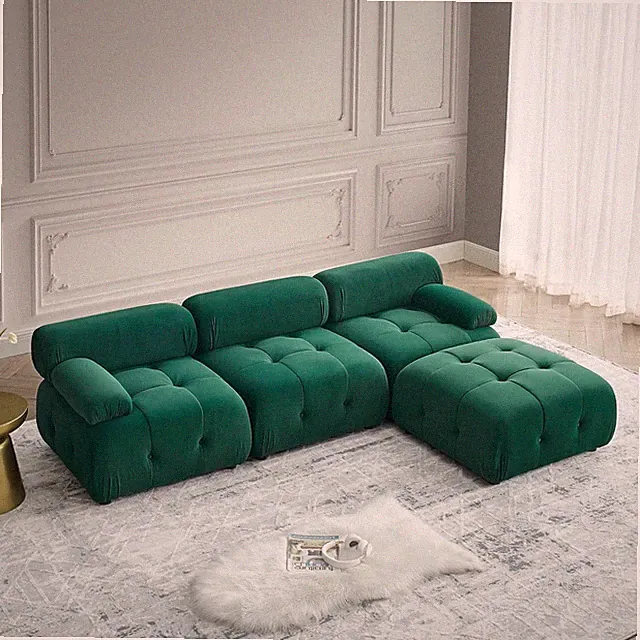 Reversible L-Shaped Couch with Ottoman, Modular Teddy Fabric Sofa, Green