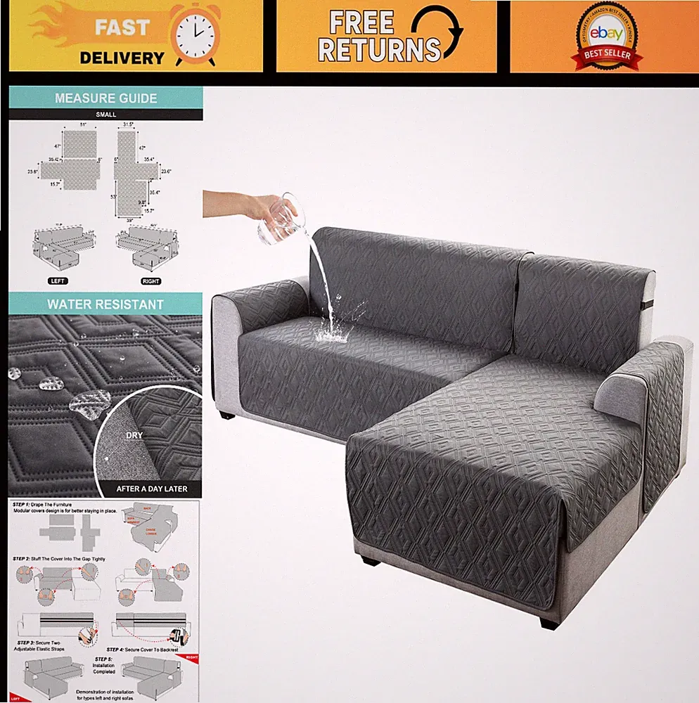 Reversible L-Shaped Sectional Couch Cover for Dogs & Kids - Dark Gray, Small