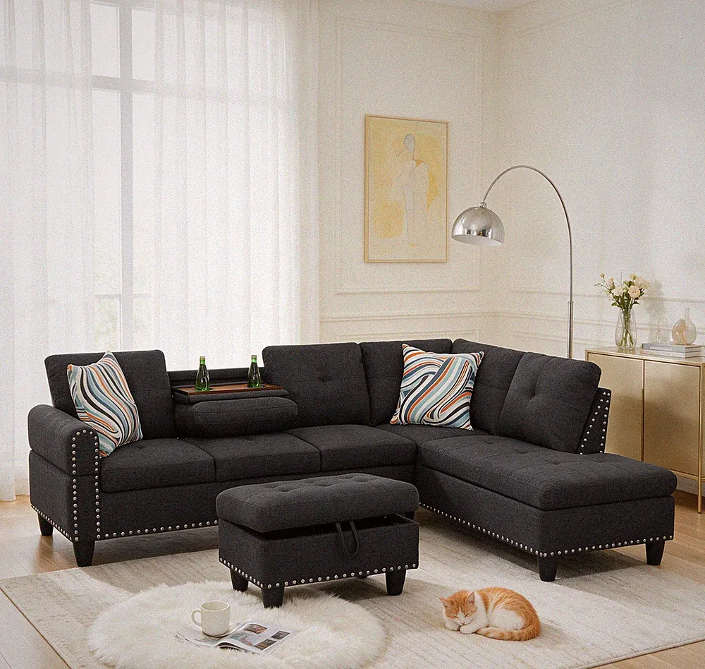 Reversible L-Shaped Sectional Couch w/Storage Ottoman,Tufted Linen Sofa w/Rivet