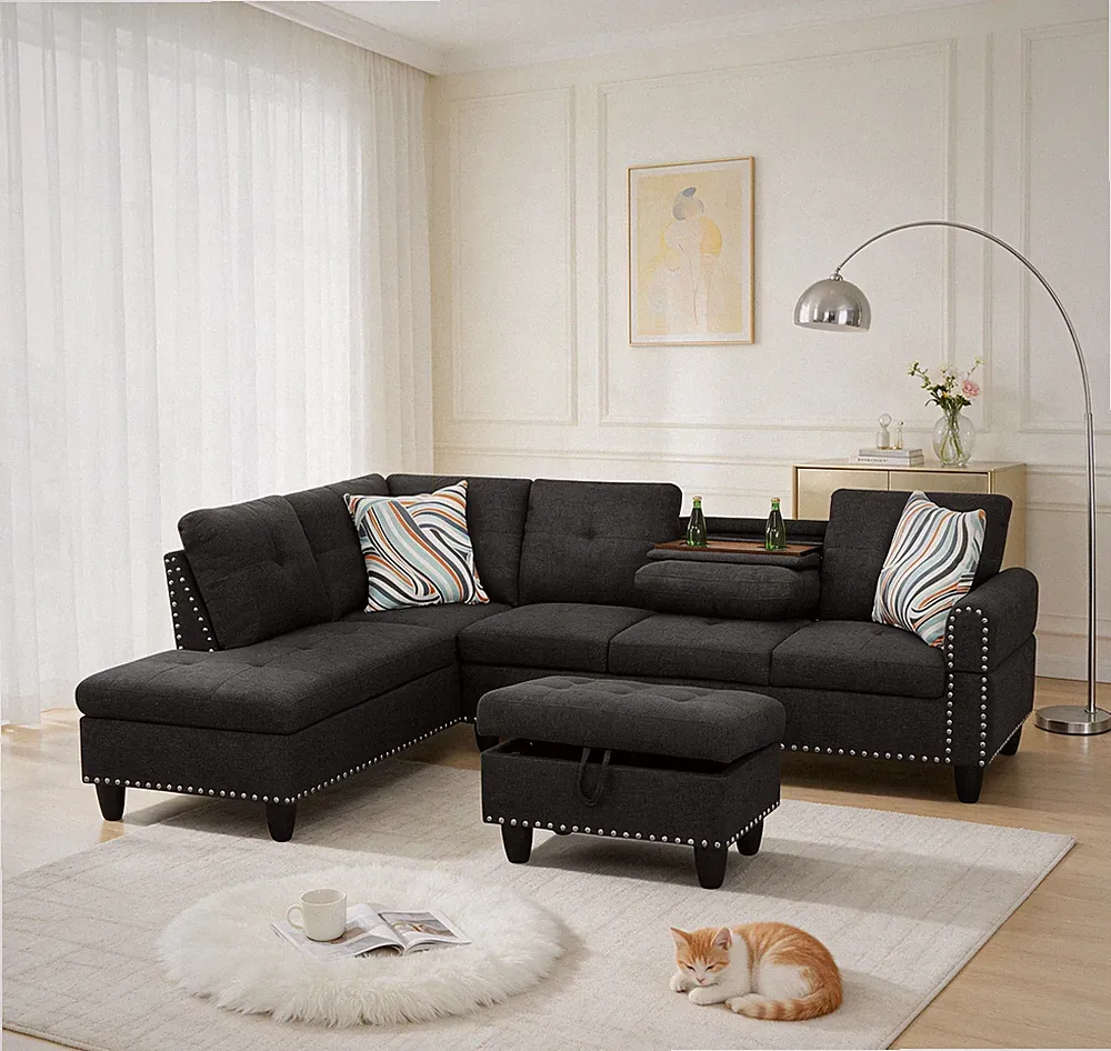 Reversible L-Shaped Sectional Couch w/Storage Ottoman,Tufted Linen Sofa w/Rivet