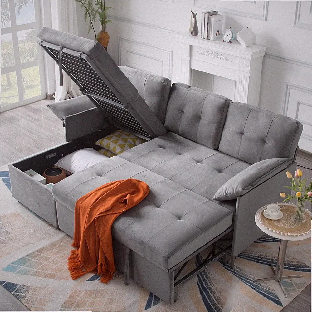 Reversible L-Shaped Sectional Sleeper Sofa 78" Full Bed w/ Storage Chaise Velvet