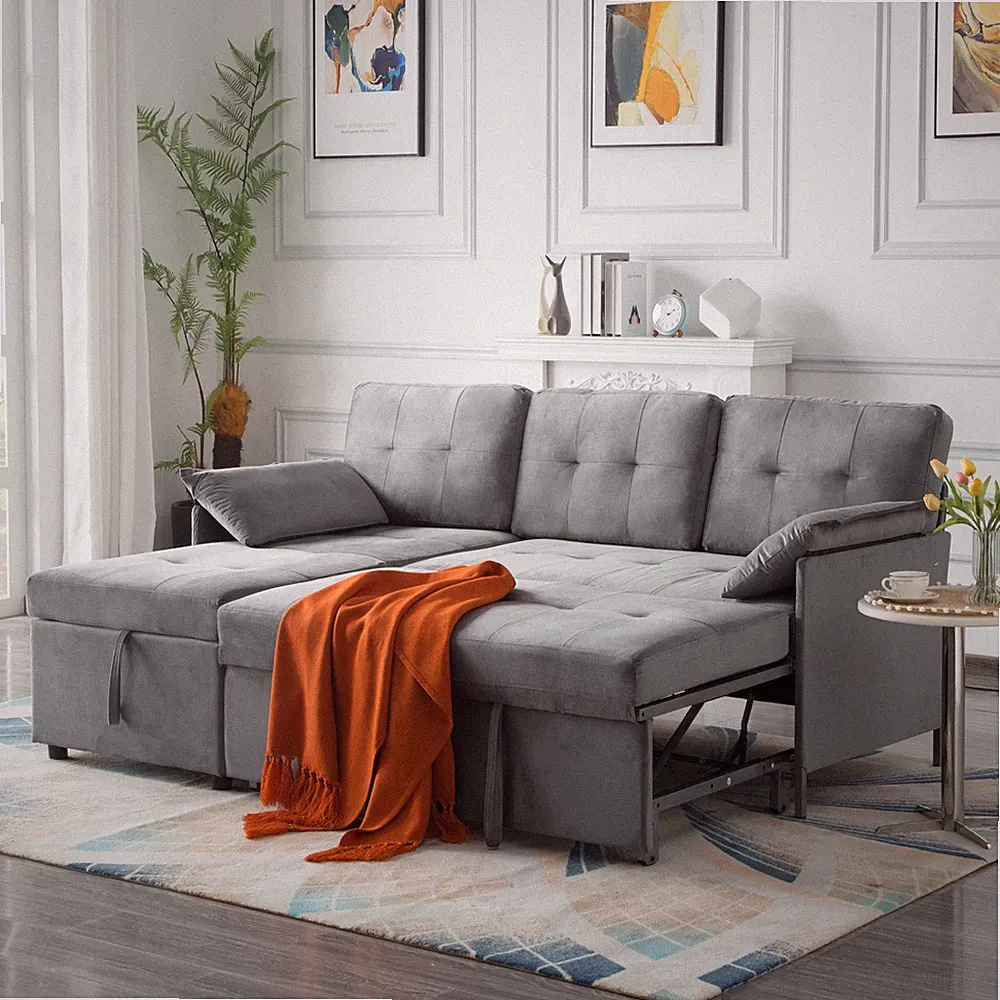 Reversible L-Shaped Sectional Sleeper Sofa 78" Full Bed w/ Storage Chaise Velvet