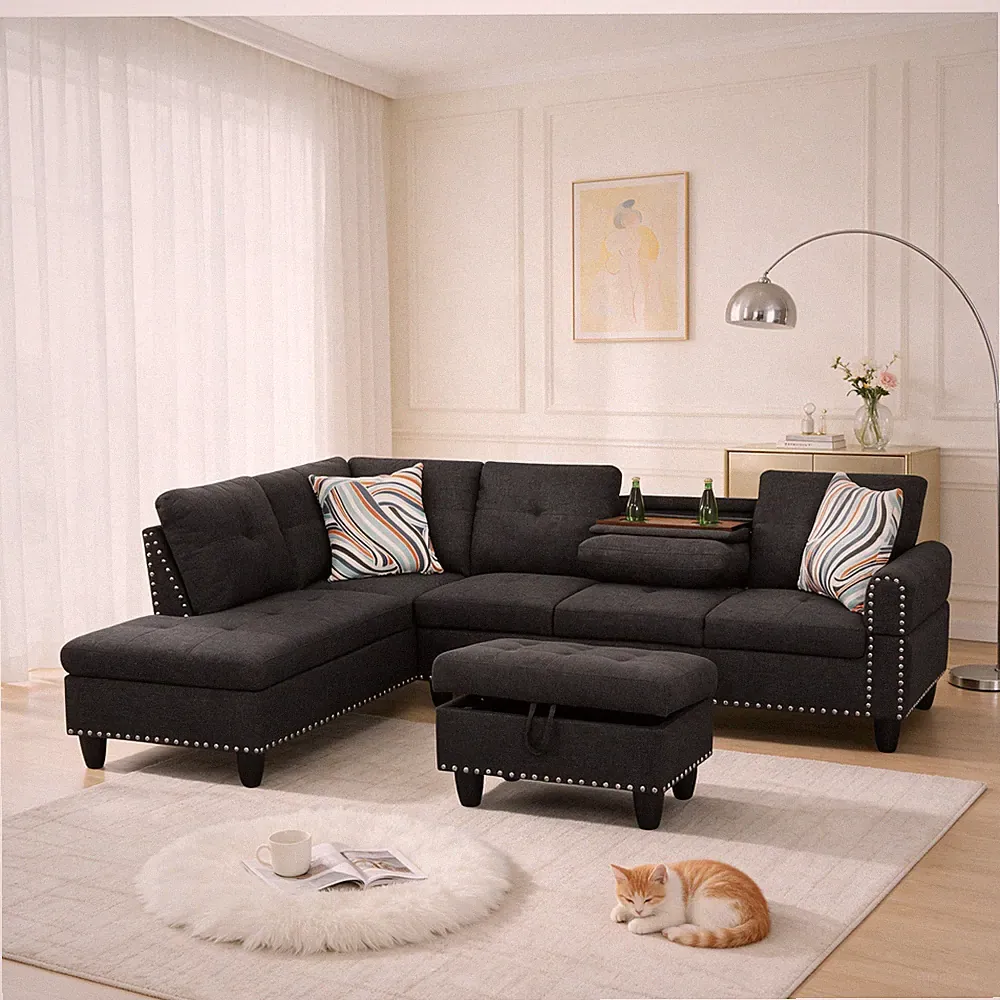 Reversible L-Shaped Sectional Sofa with Storage Ottoman, 4 Seater