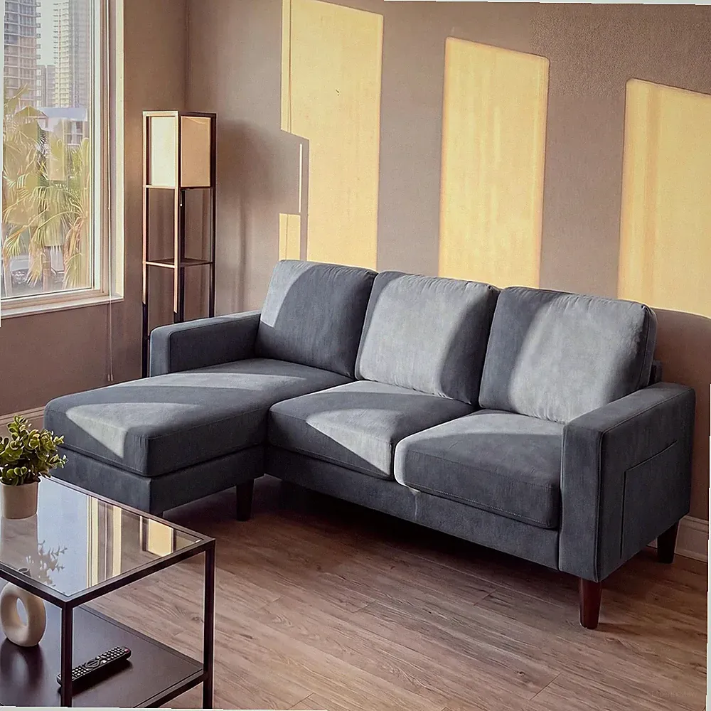 Reversible L-Shaped Small Couch with Ottoman & Pockets - Dark Gray Linen