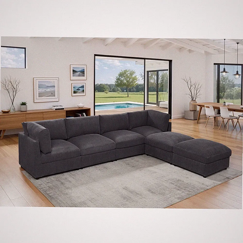Reversible Modular Sectional Sofa, Dark Gray Corduroy, 129" L