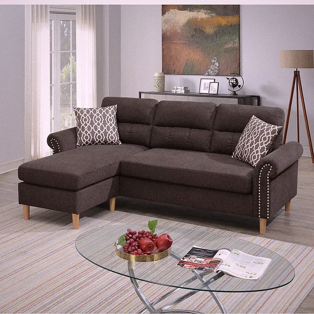 Reversible Sectional Set W/ 2 Accent Pillows in Coffee Brown