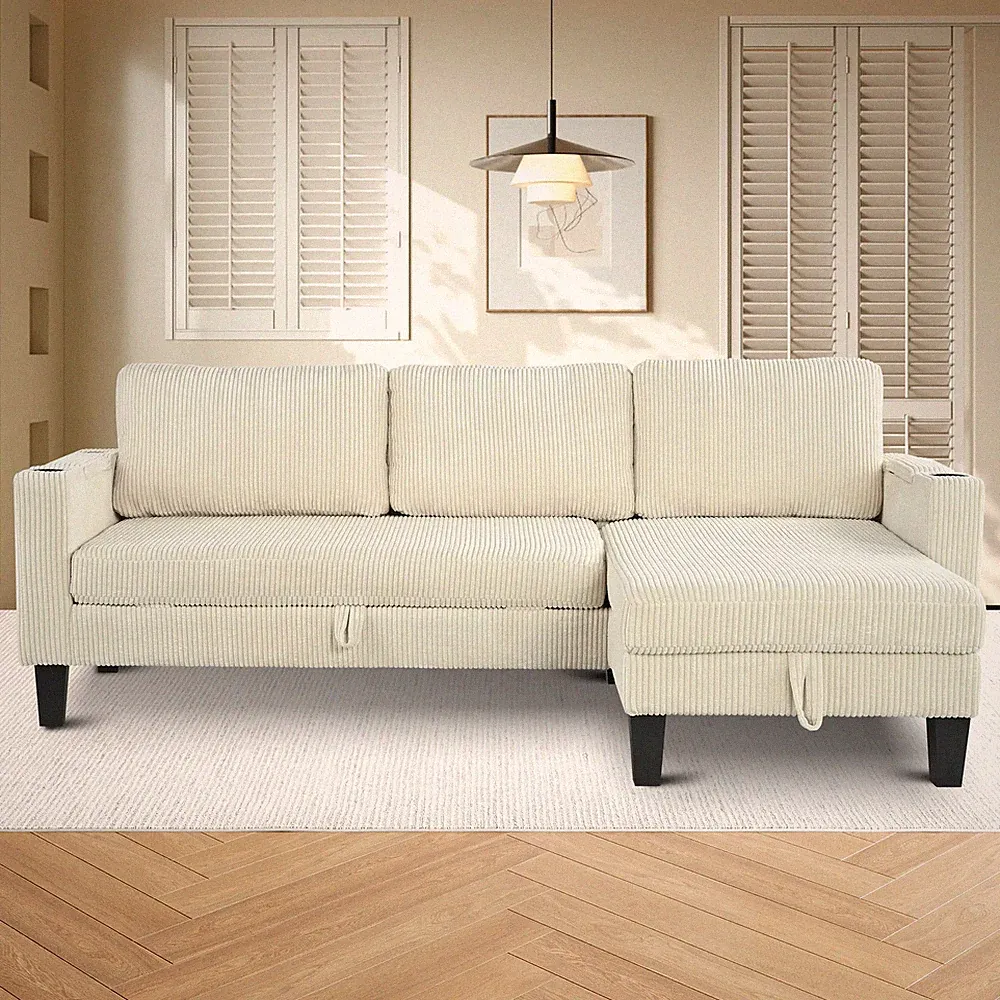 Reversible Sectional Sleeper Sofa Corduroy with Storage Chaise Beige