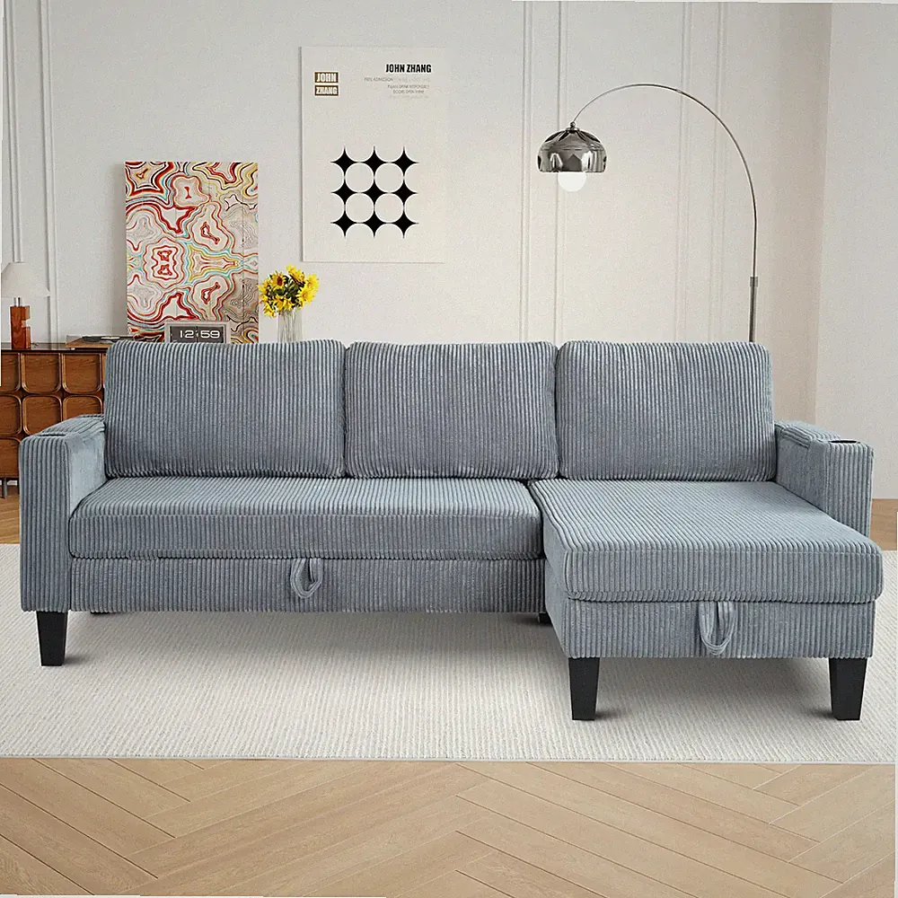 Reversible Sectional Sleeper Sofa Corduroy with Storage Chaise Gray
