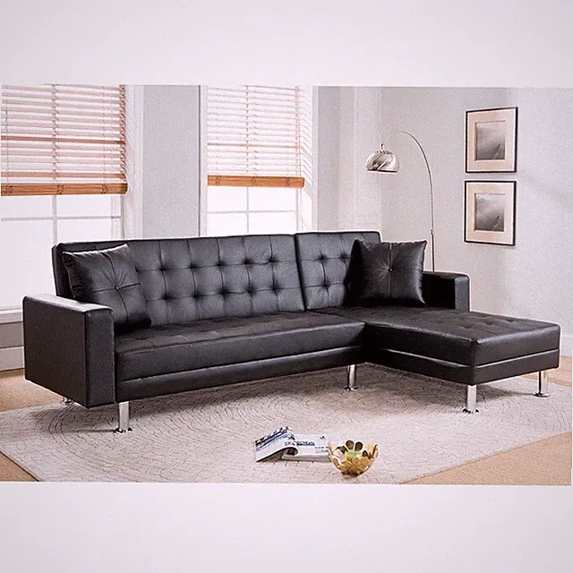 Reversible Sectional Sofa Bed w/ Pillows, Convertible 3-Seater Sofa Couch, Black