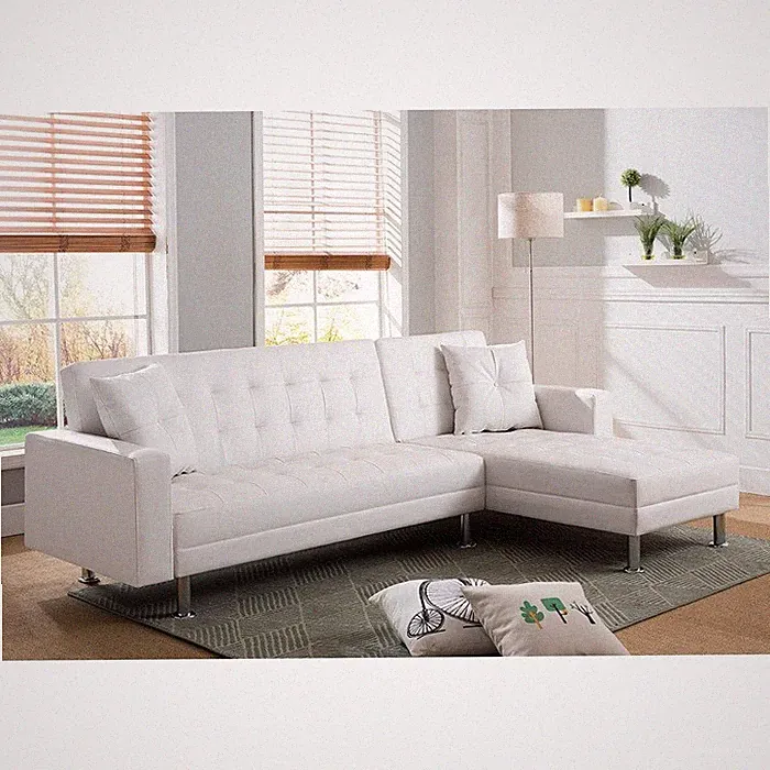 Reversible Sectional Sofa Bed w/ Pillows, Convertible 3-Seater Sofa Couch, White